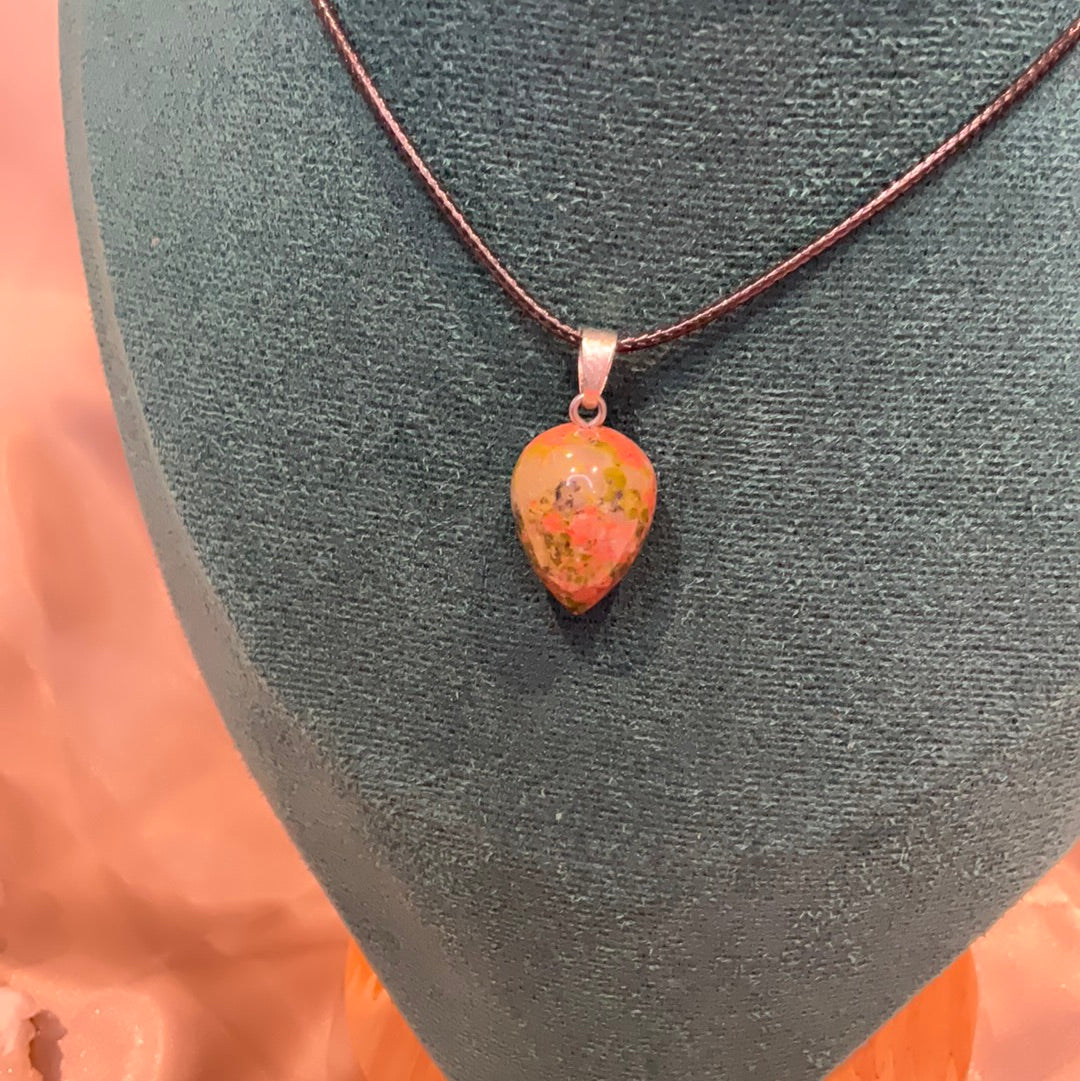 Unakite drop pendant on black cord