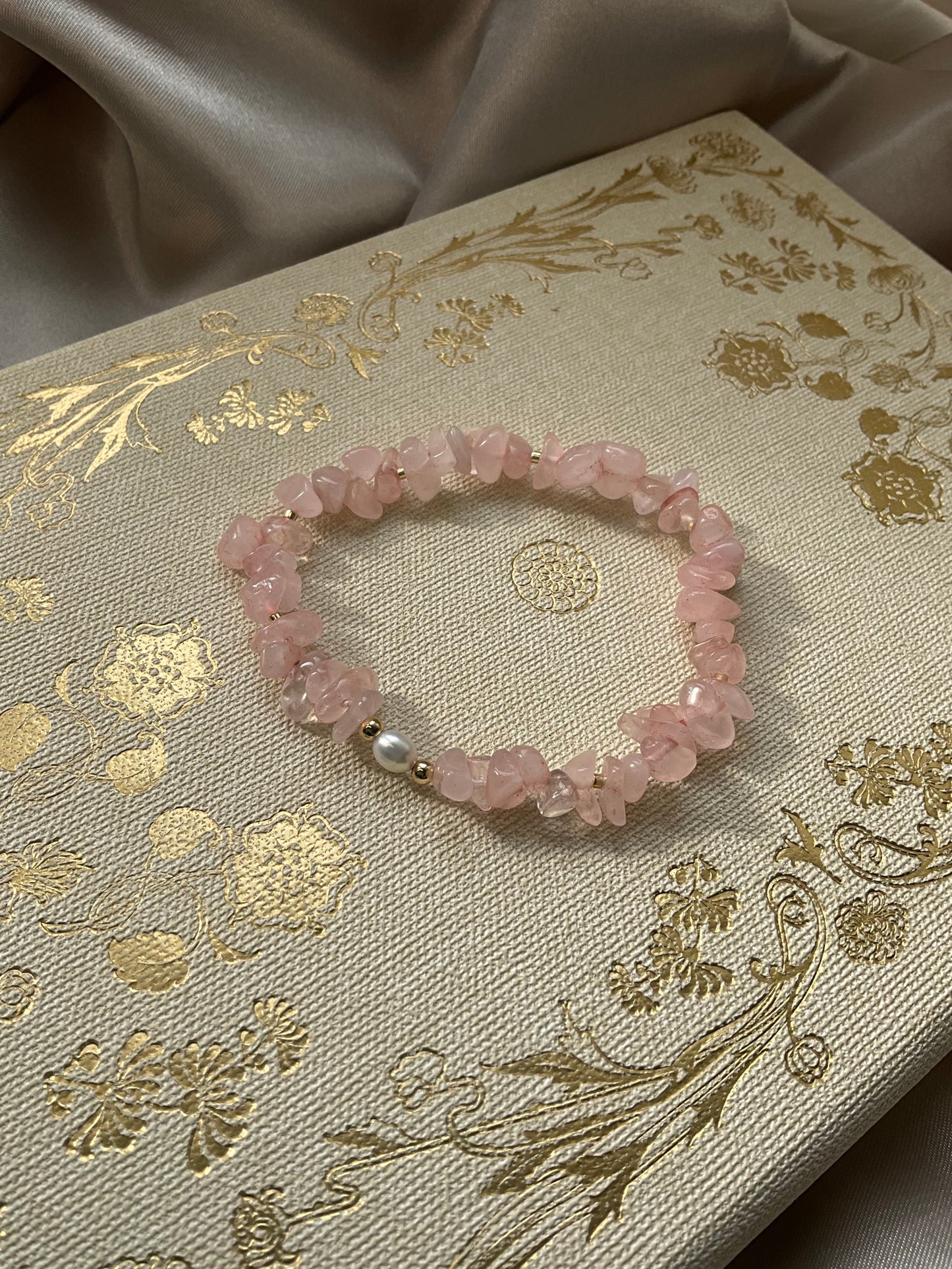 Rose Quartz Crystal Chip Bracelet with a Fresh Water Pearl, Gold Filled Beads and Gold Seed Beads