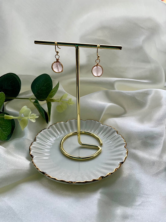 Rose Quartz sphere earrings wrapped in gold plating. Earring hooks are 925 sterling silver plated.