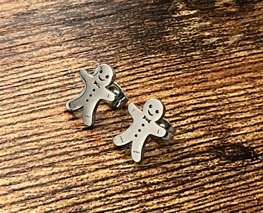 Christmas Gingerbread Man Stud Earrings - Stainless Steel Silver