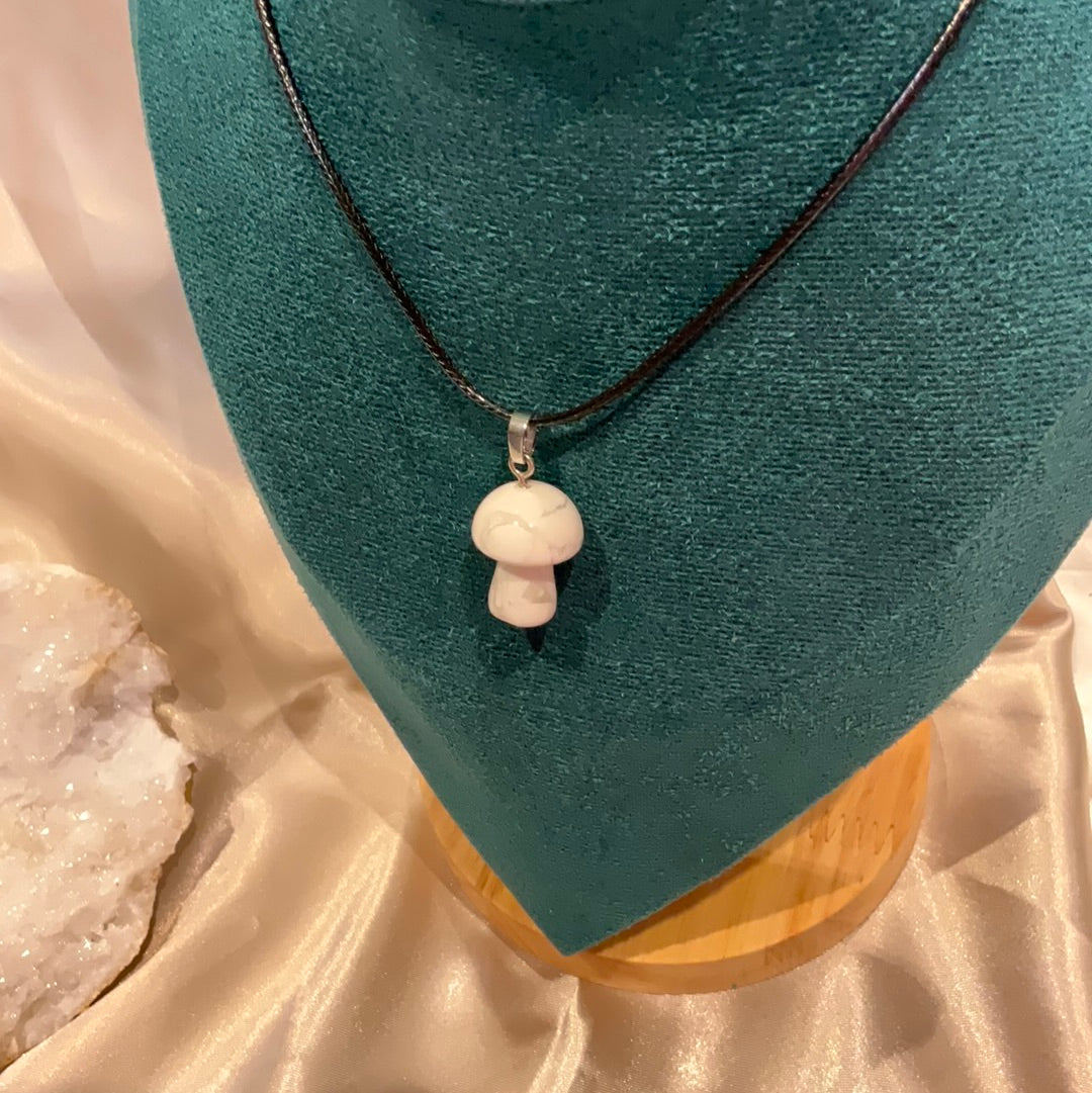 Howlite crystal mushroom pendant on black cord