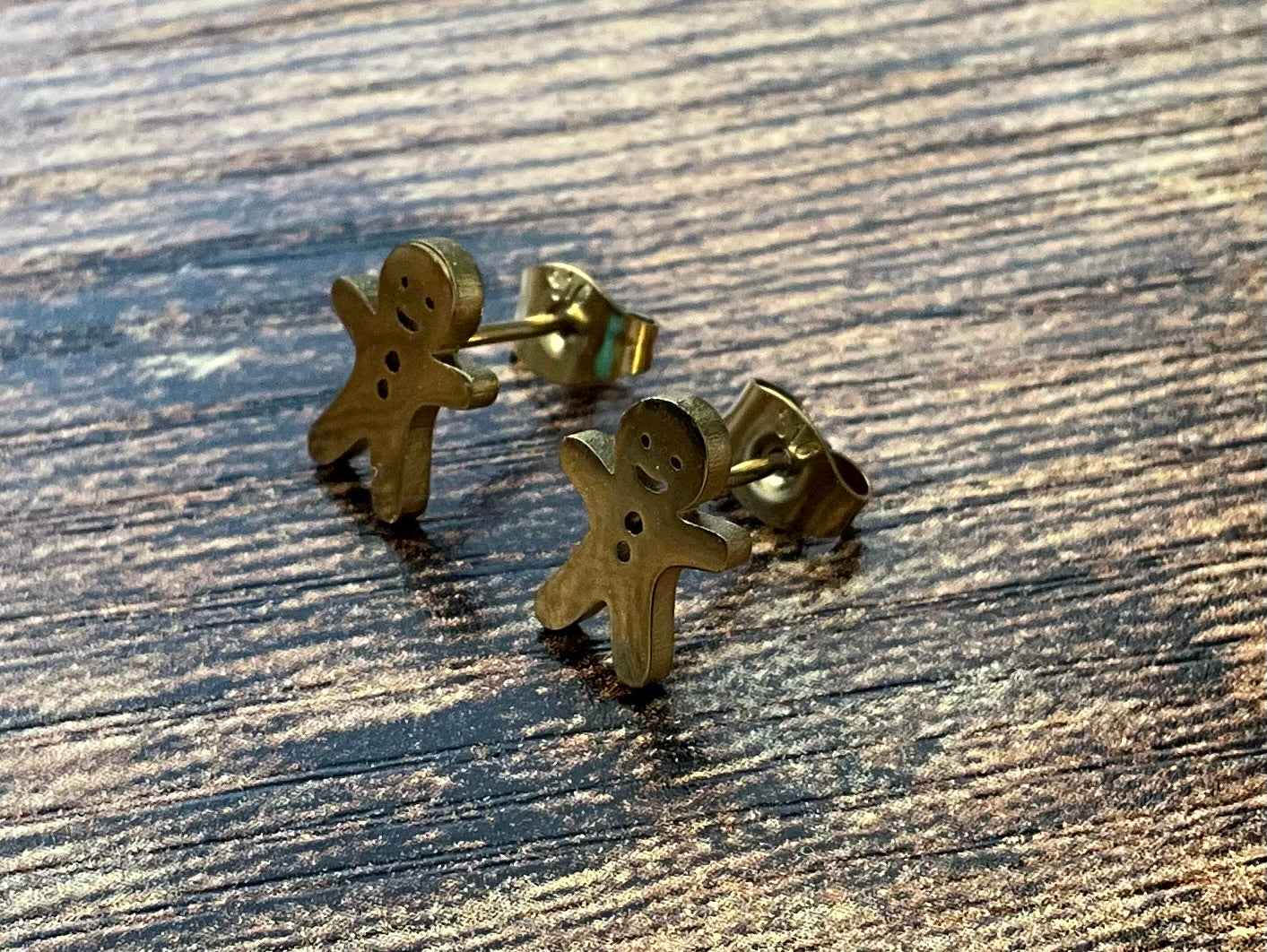 Christmas Gingerbread Man Stud Earrings - Stainless Steel Gold