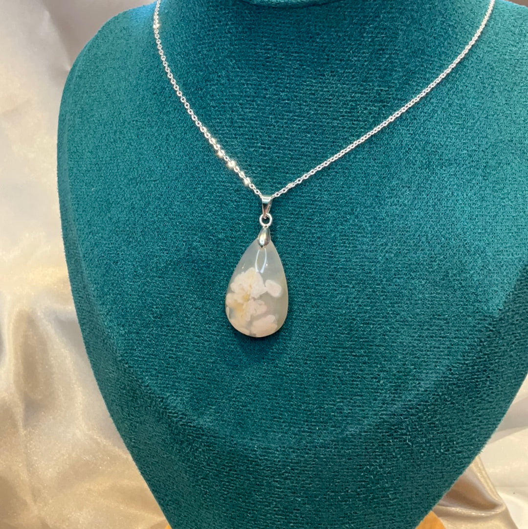 Flower Agate teardrop Pendant on silver plated chain