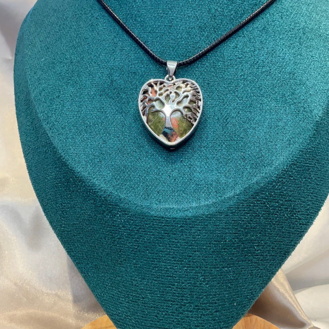 Unakite heart pendant on black cord