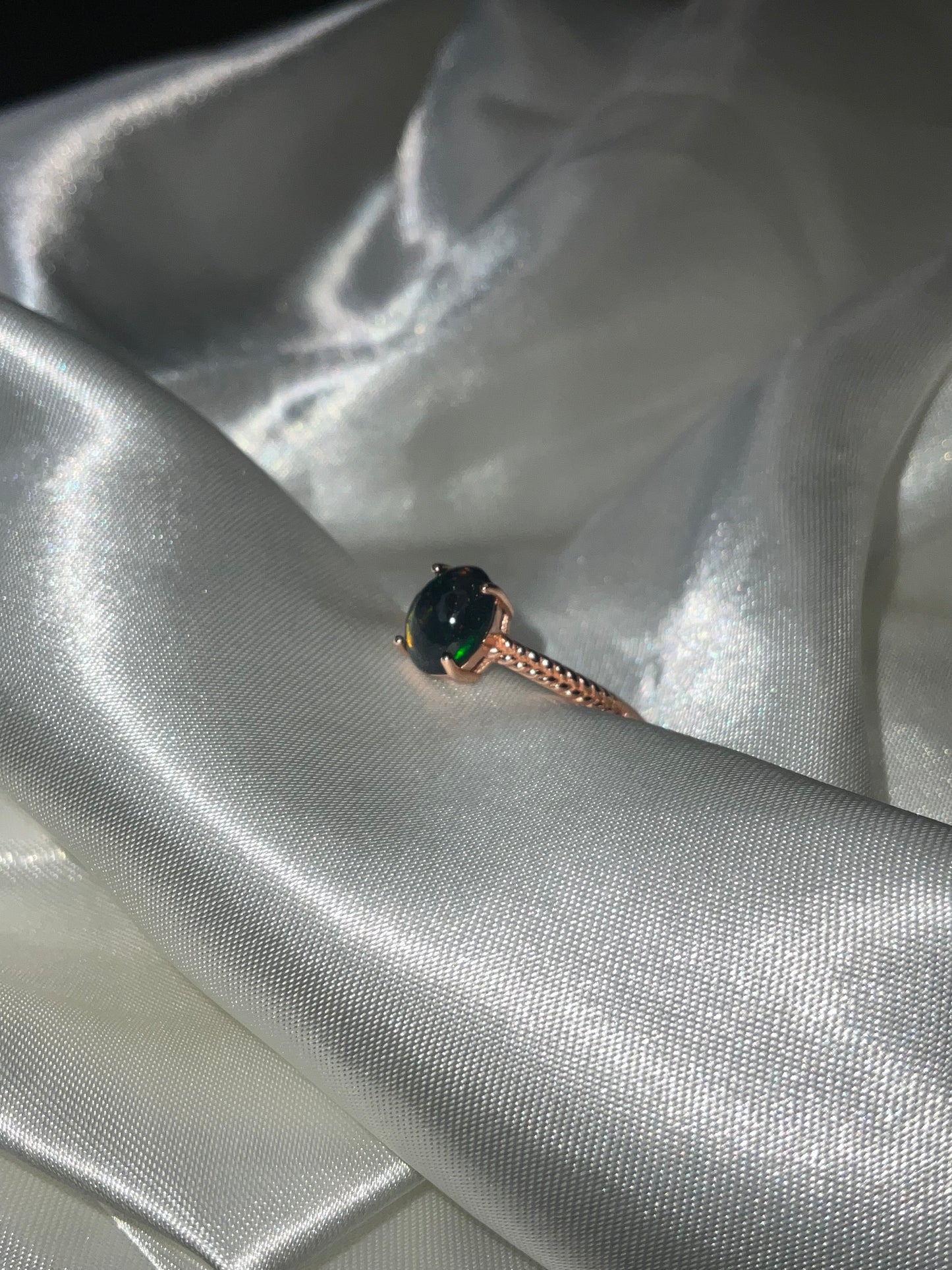 Black Opal 925 sterling silver adjustable ring, rose gold plating.