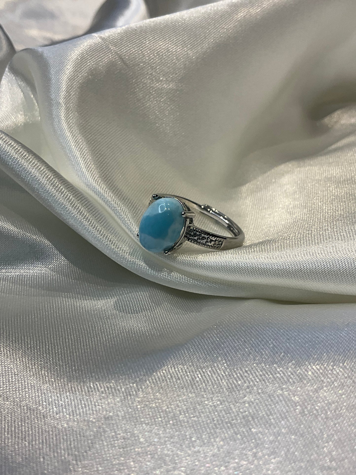 Larimar stone adjustable silver plated ring