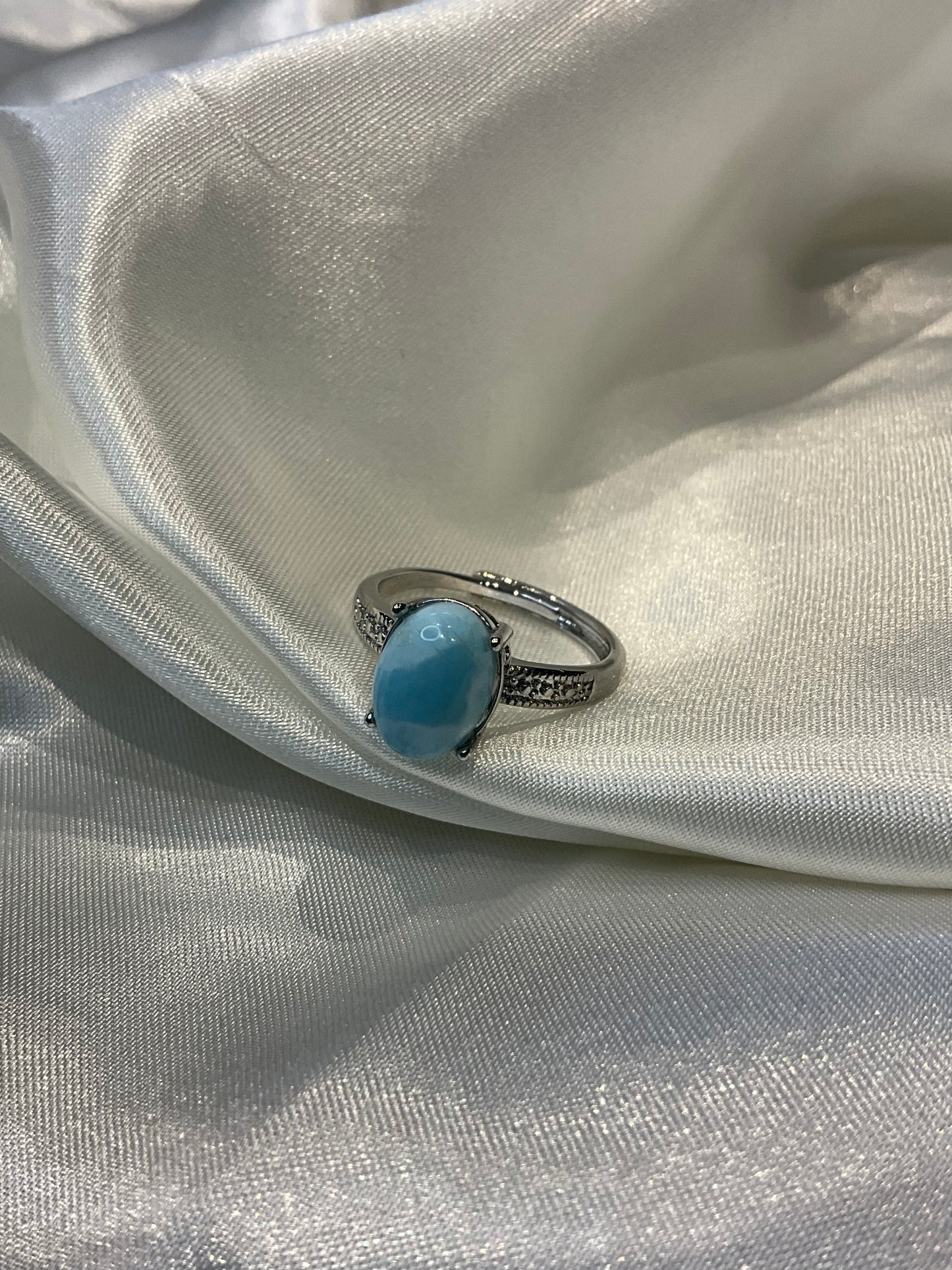 Larimar stone adjustable silver plated ring