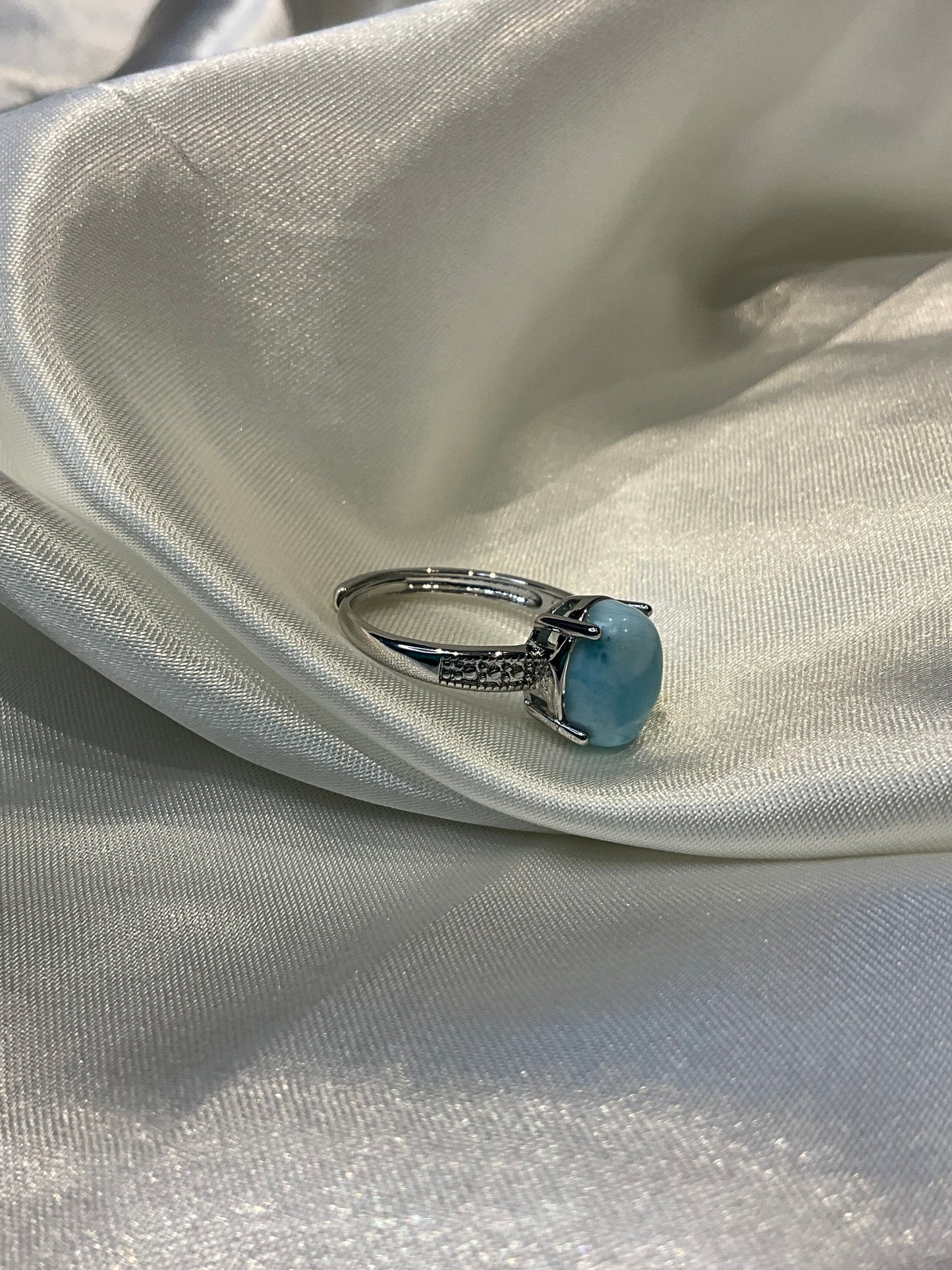 Larimar stone adjustable silver plated ring