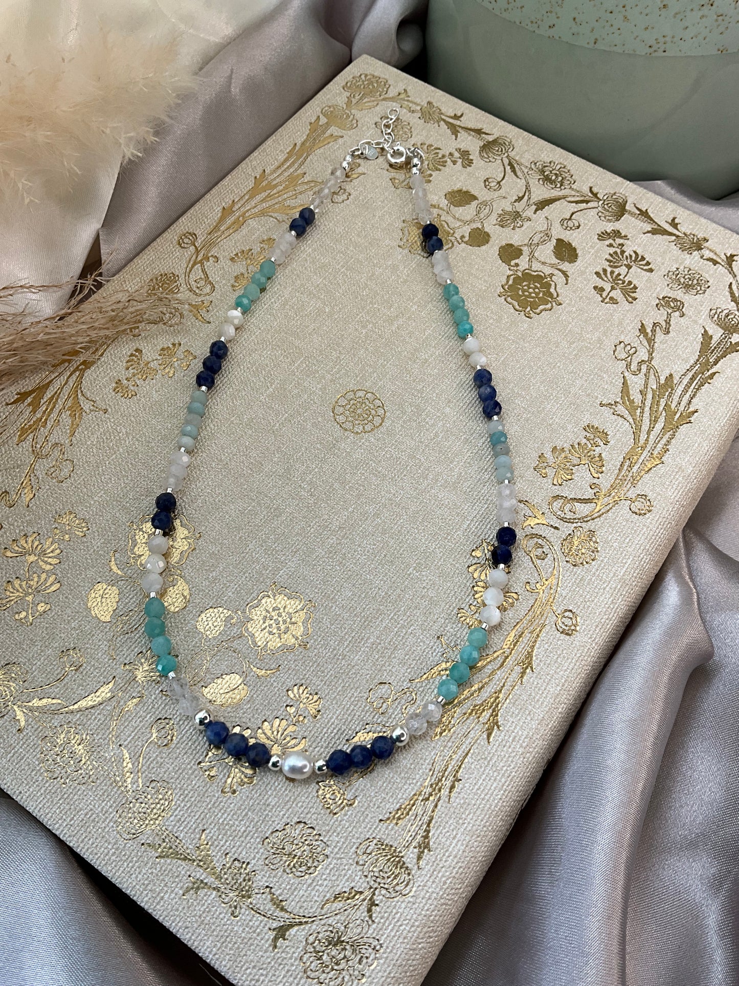 Ocean Blue Crystal Necklace with s925 sterling silver beads and clasp