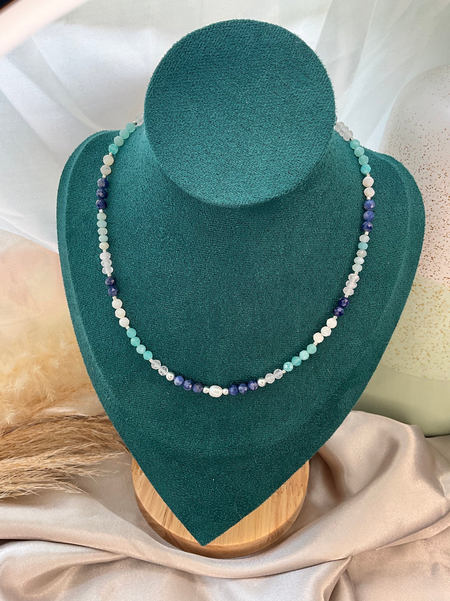 Ocean Blue Crystal Necklace with s925 sterling silver beads and clasp