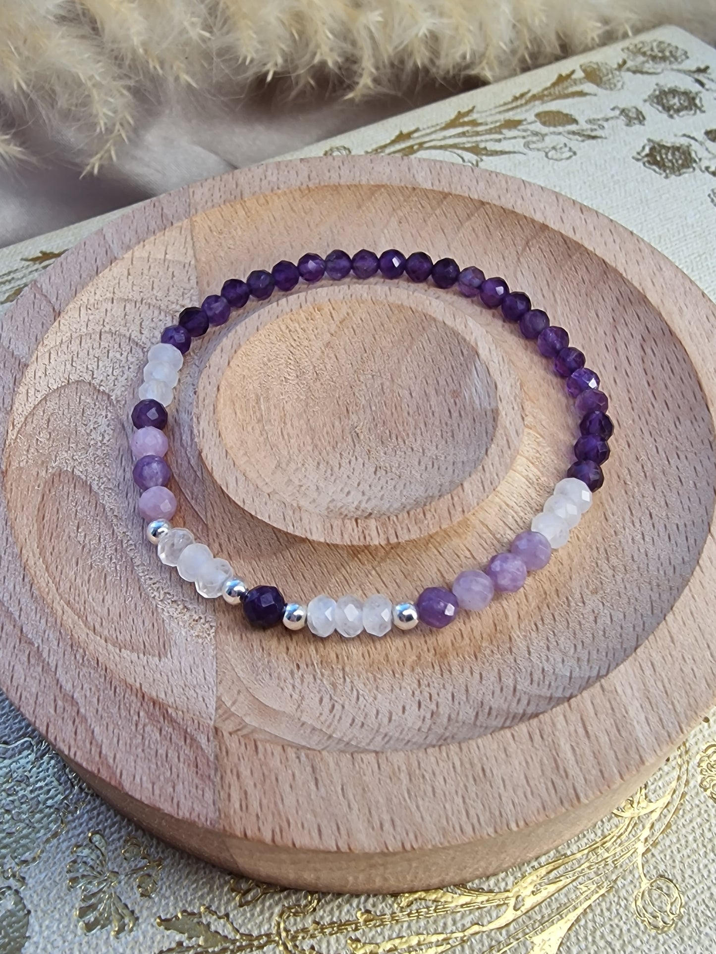 Amethyst, Lepidolite and Clear Quartz Faceted Crystal bracelet with 925 Sterling Silver beads