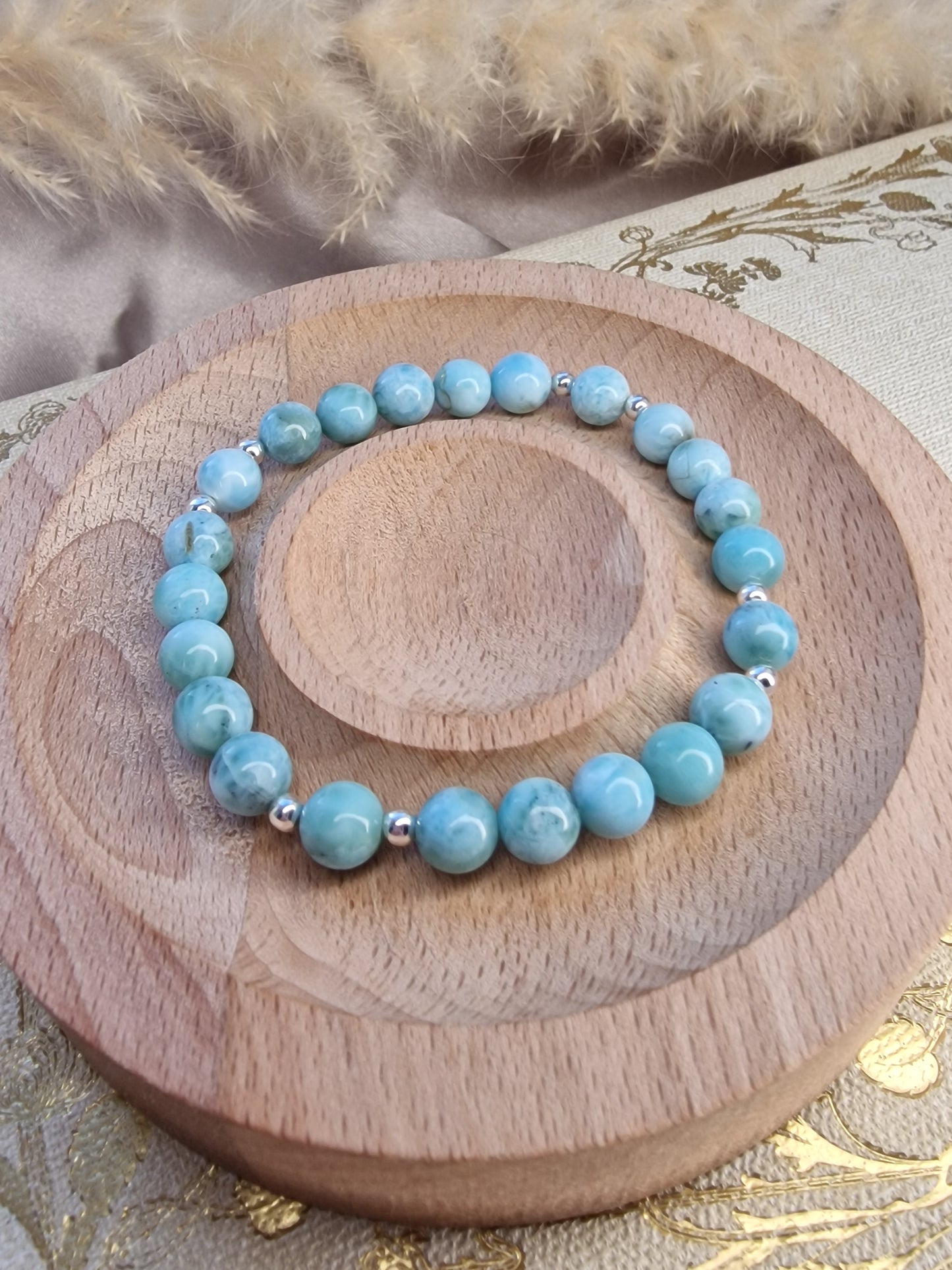 Larimar Crystal and 925 Sterling Silver Beaded Bracelet