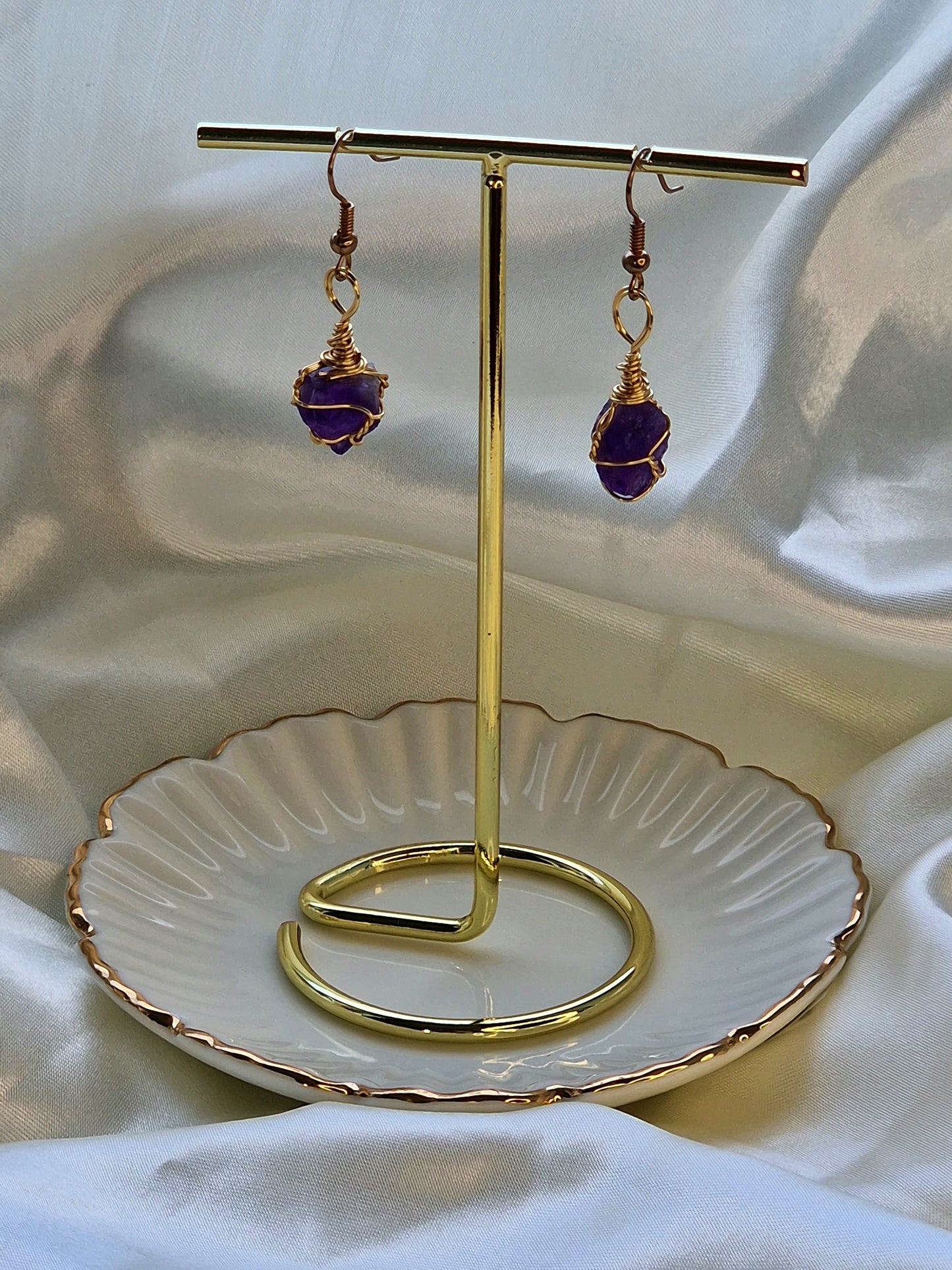 Wire wrapped gold plated Raw Amethyst Earrings