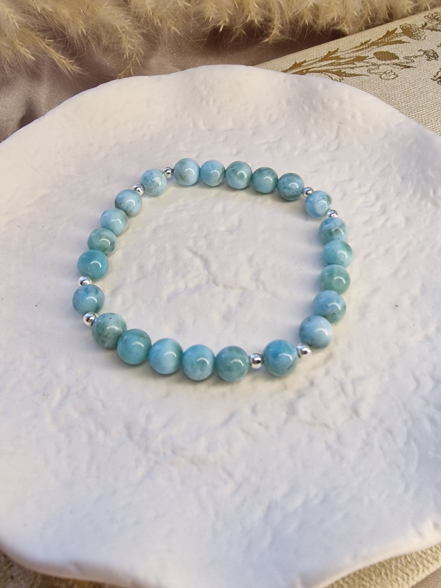 Larimar Crystal and 925 Sterling Silver Beaded Bracelet