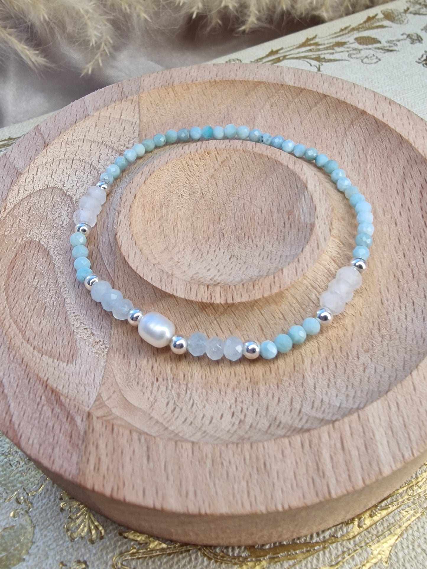 Dainty Larimar, Aqua Marine and White Jade faceted bracelet with 925 sterling silver beads