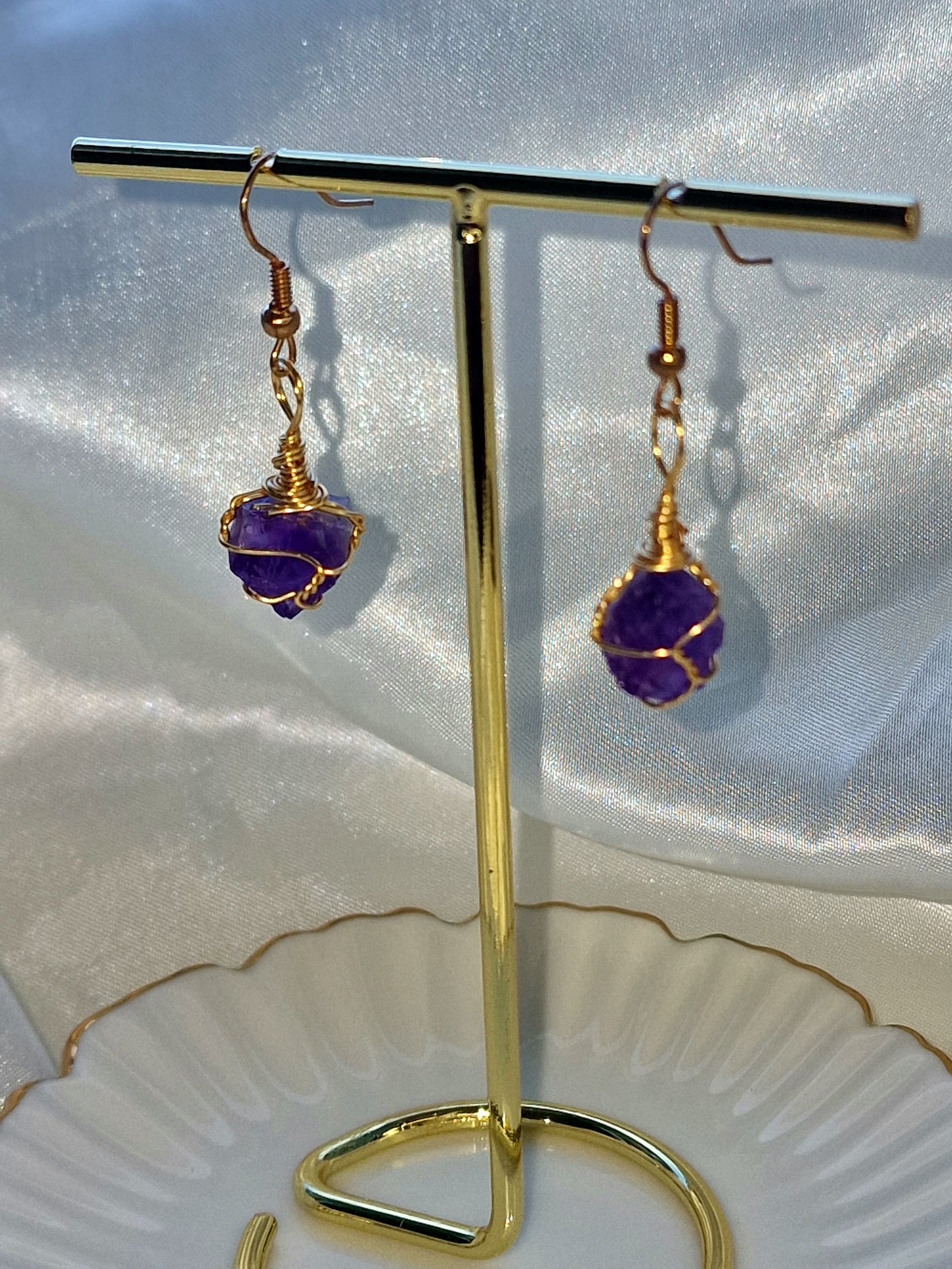 Wire wrapped gold plated Raw Amethyst Earrings