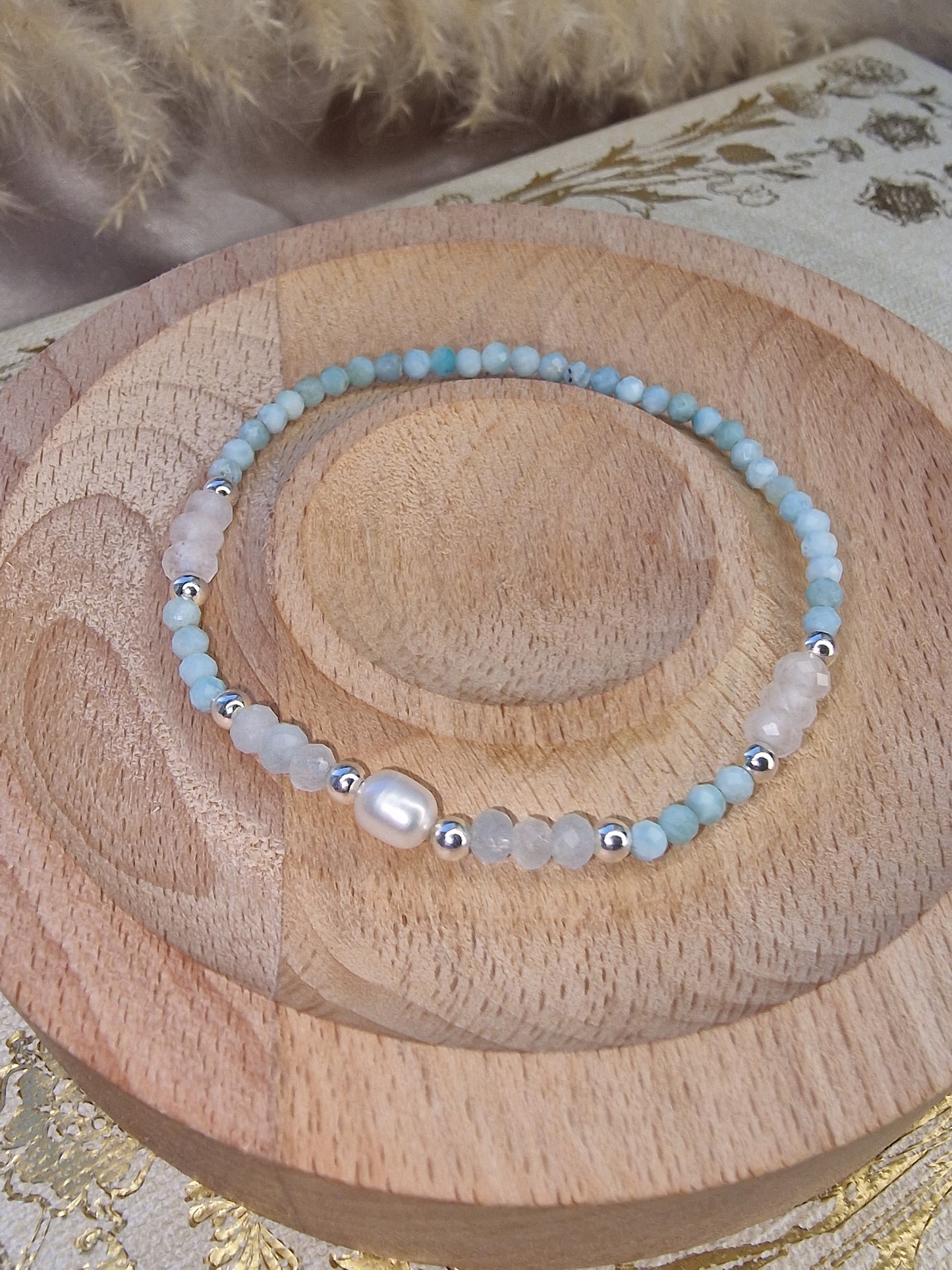 Dainty Larimar, Aqua Marine and White Jade faceted bracelet with 925 sterling silver beads