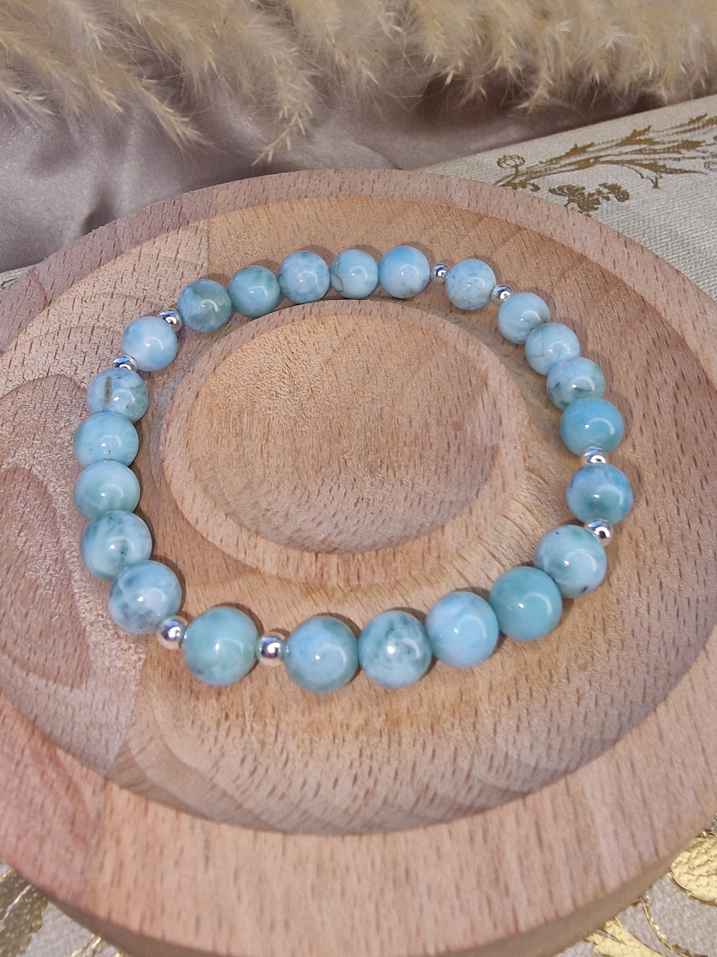 Larimar Crystal and 925 Sterling Silver Beaded Bracelet