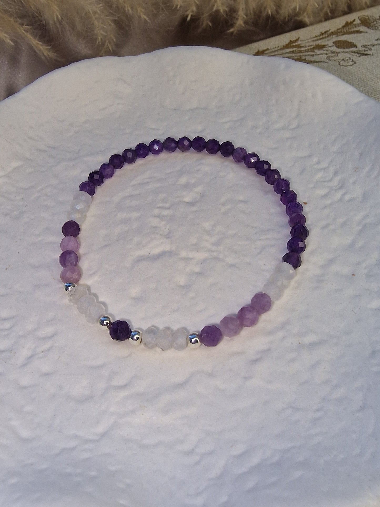 Amethyst, Lepidolite and Clear Quartz Faceted Crystal bracelet with 925 Sterling Silver beads