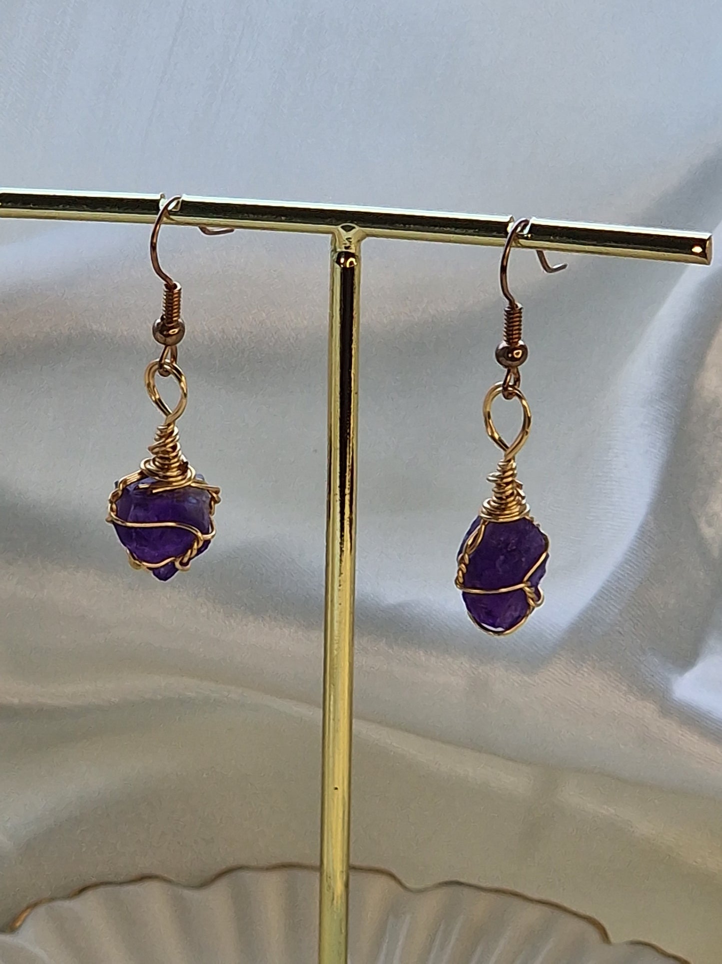 Wire wrapped gold plated Raw Amethyst Earrings