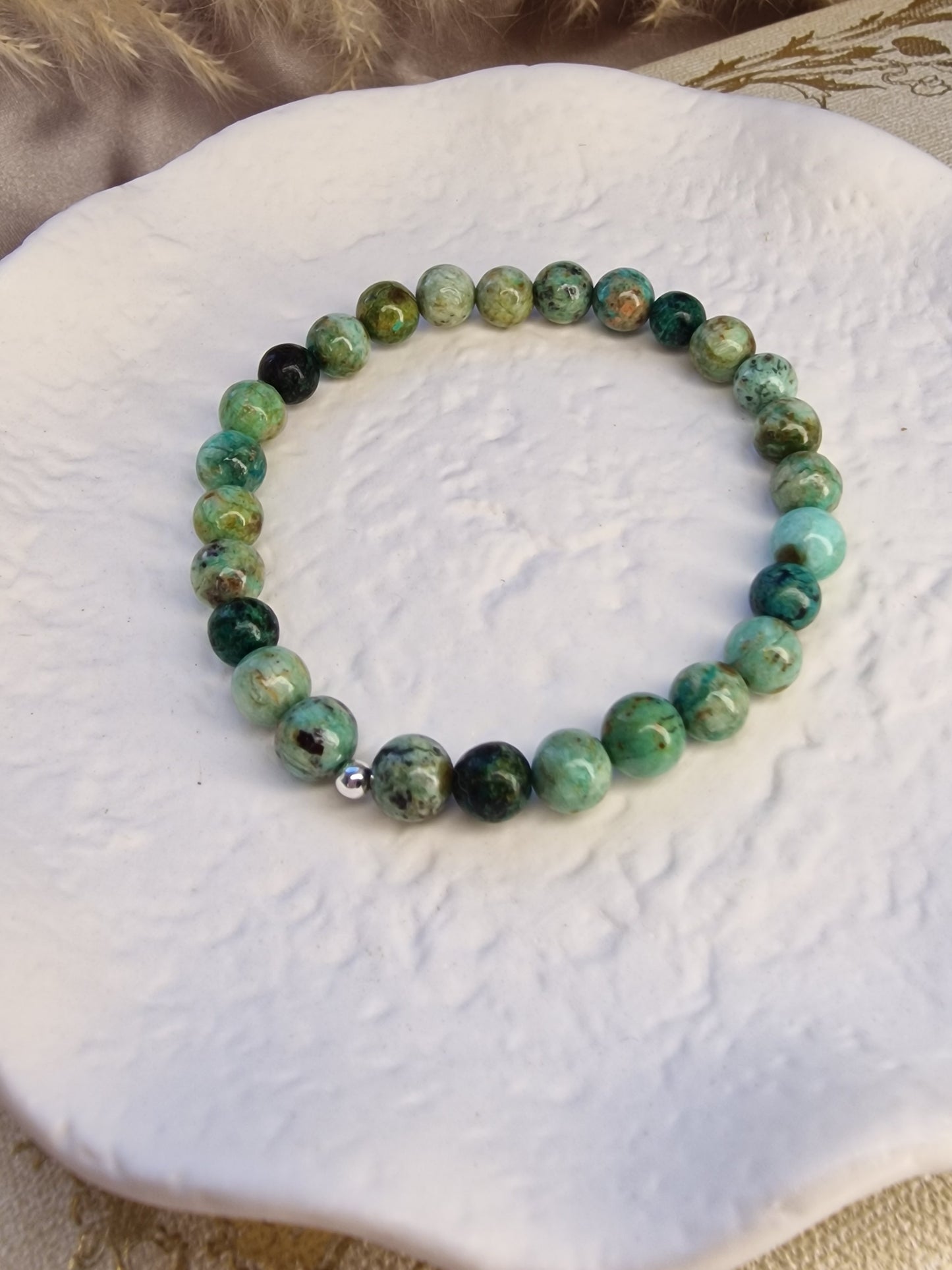 African Turquoise Crystal Beaded Bracelet with 925 sterling silver bead