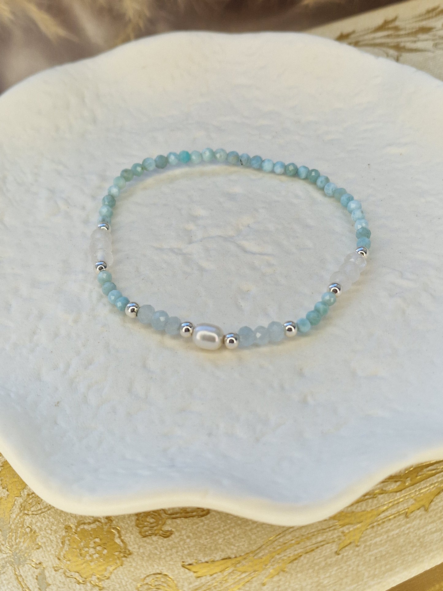 Dainty Larimar, Aqua Marine and White Jade faceted bracelet with 925 sterling silver beads