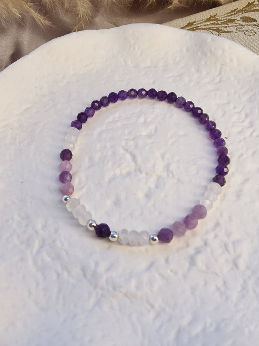 Amethyst, Lepidolite and Clear Quartz Faceted Crystal bracelet with 925 Sterling Silver beads