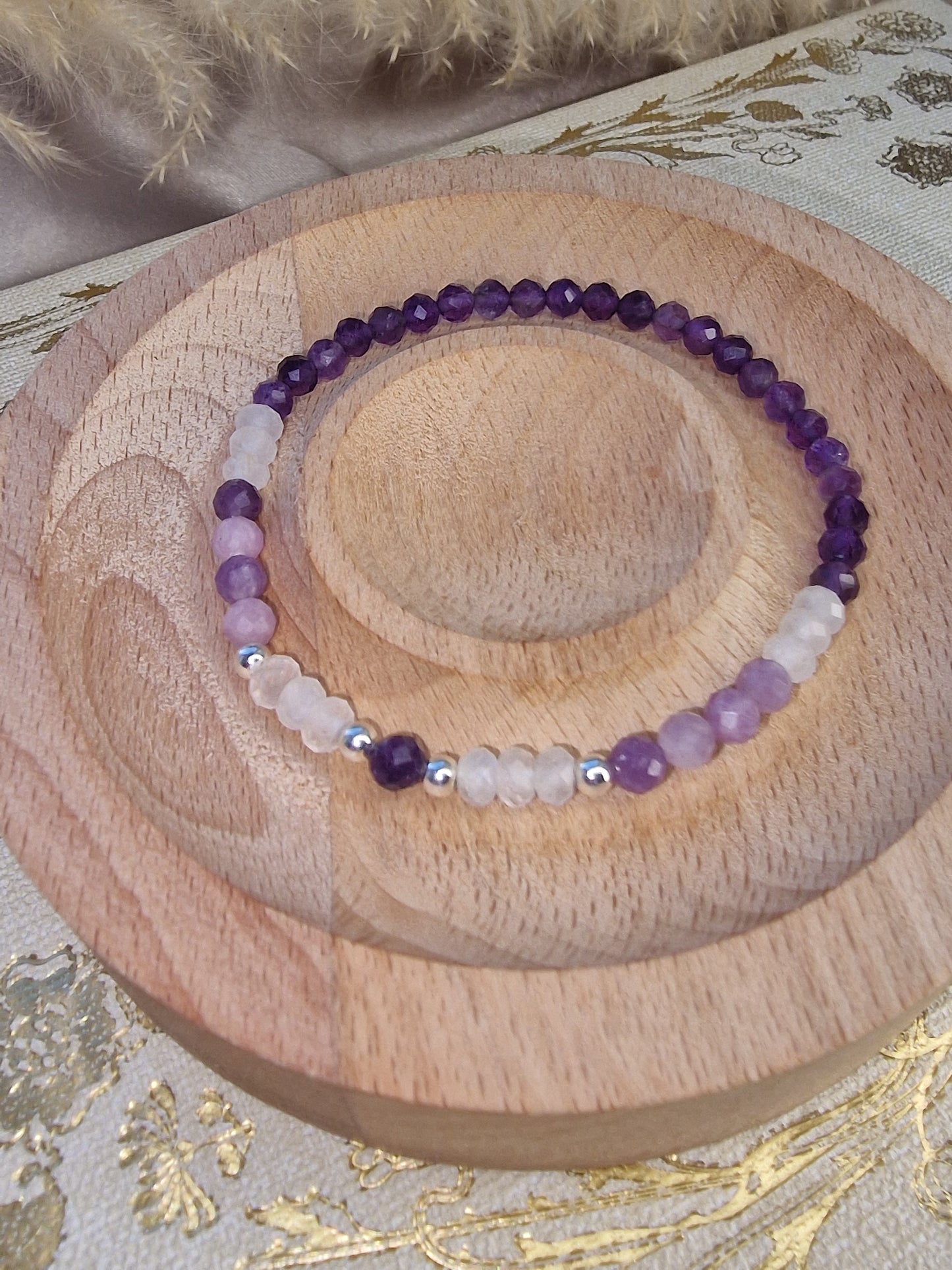 Amethyst, Lepidolite and Clear Quartz Faceted Crystal bracelet with 925 Sterling Silver beads