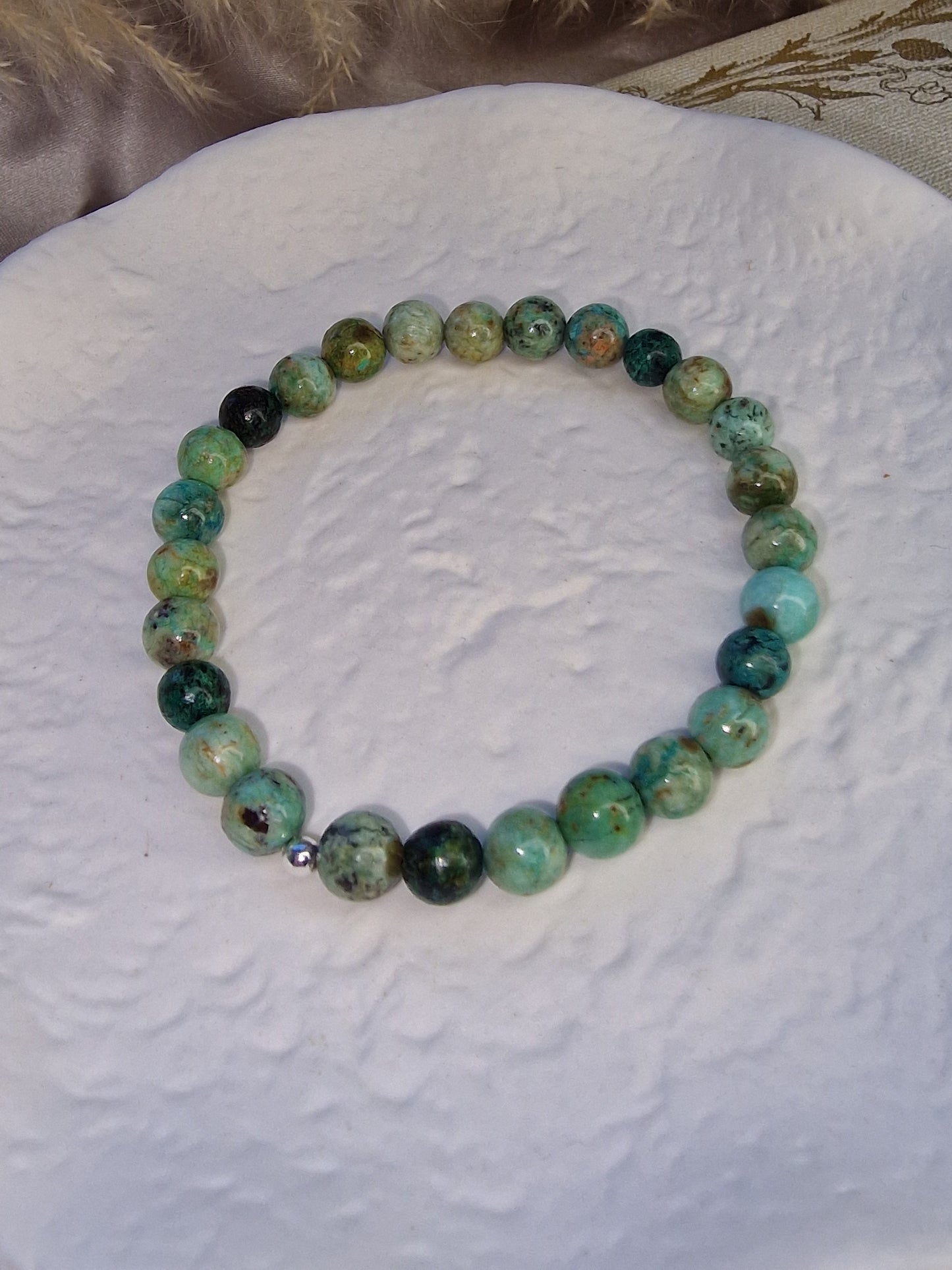 African Turquoise Crystal Beaded Bracelet with 925 sterling silver bead