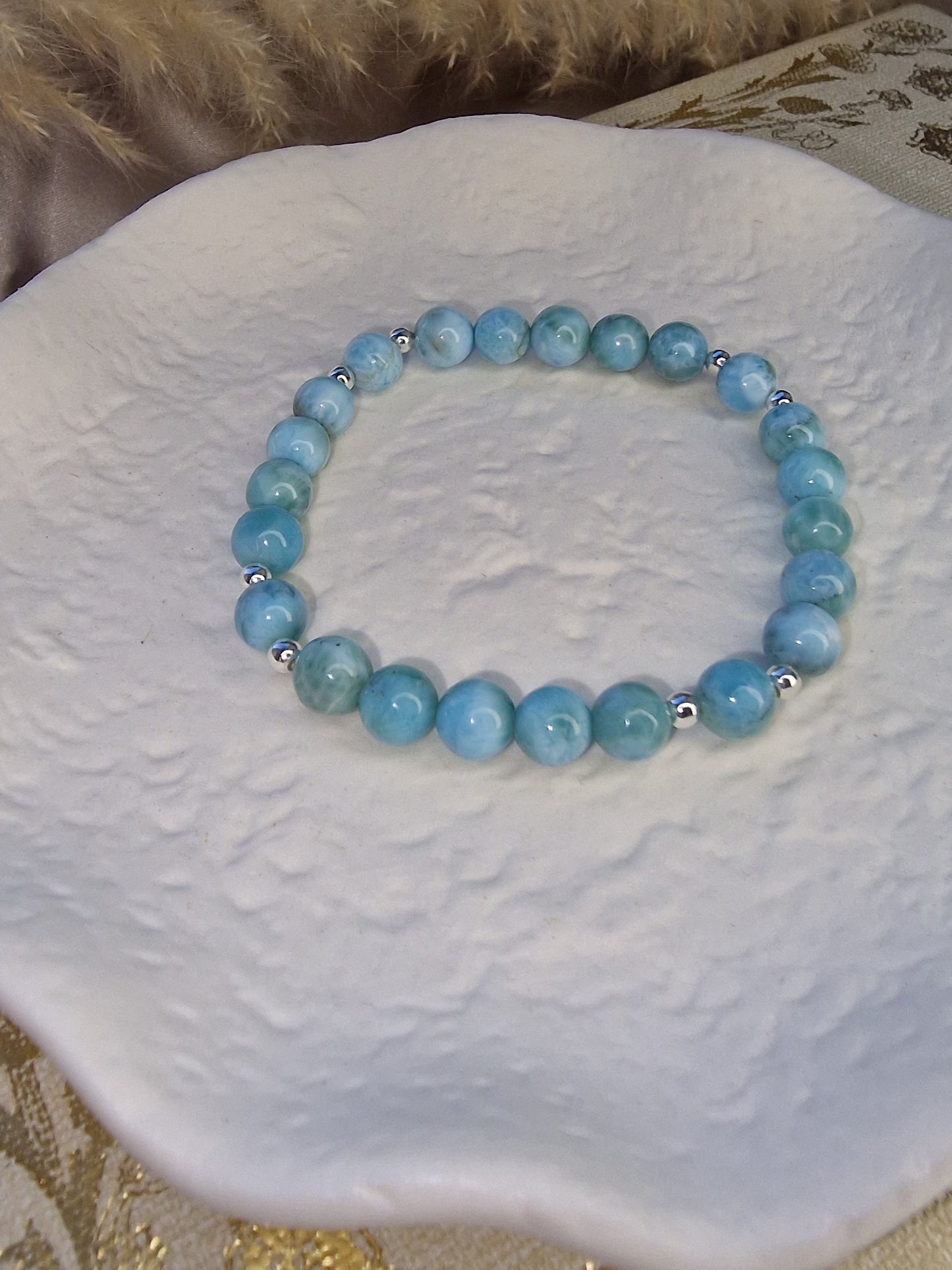 Larimar Crystal and 925 Sterling Silver Beaded Bracelet